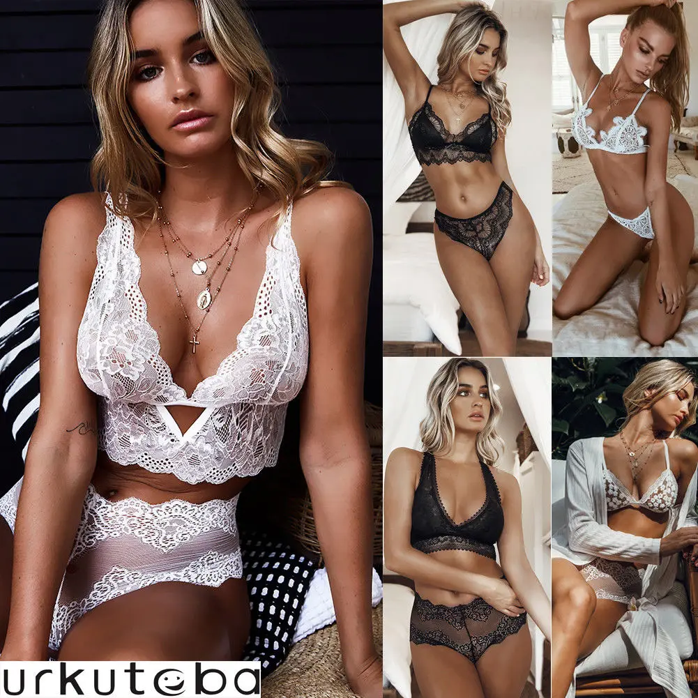 

Womens Sexy Lingerie Hot Exotic Sets Black White Lace Dress G-string Underwear Babydoll Sleepwear Bra+Panties 2pcs Sets