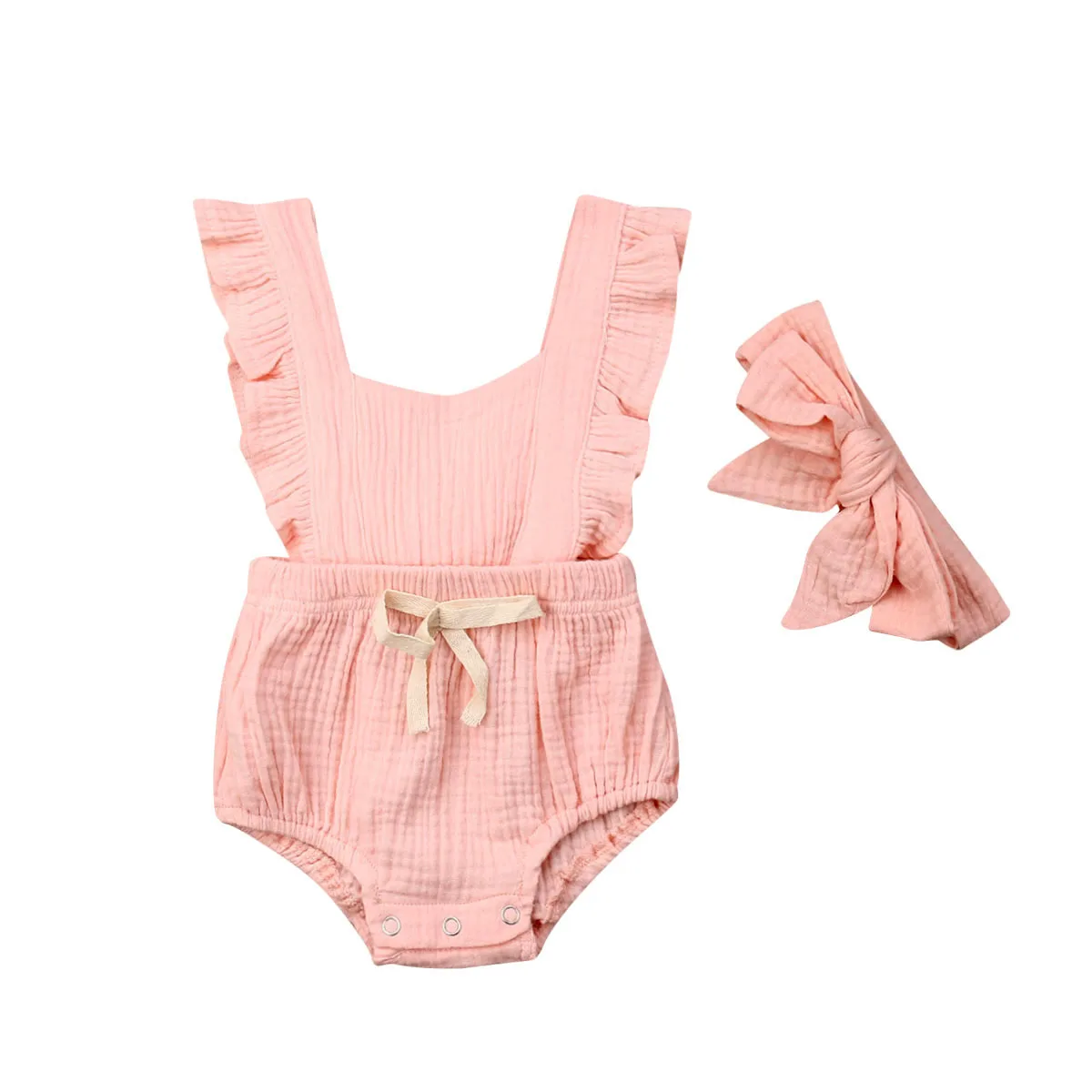 

2019 Baby Girl summer clothing Solid Ruffle Romper Jumpsuit with Headband for Kid clothes Children newborn pink yellow purple