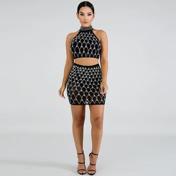 

Sexy Club Outfits TWO PIECE SET Mini Skirt Crop Top Rhinestone Embellished Twin Suit Matching Celebrity Evening Party Summer 2pc