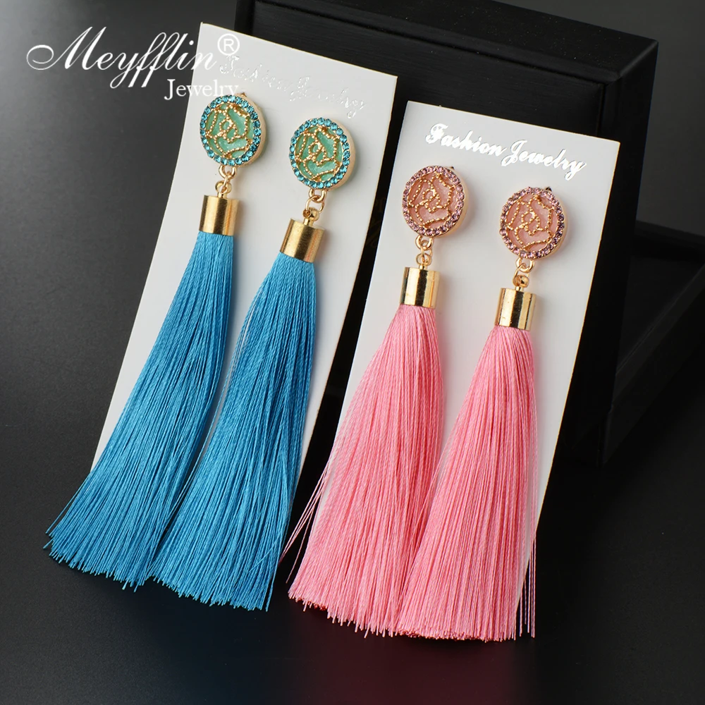 Meyfflin Rose Flower Silk Fabric Tassel Earrings for Women Bohemian Fringed Statement Drop Earring Jewelry Crystal Long brincos