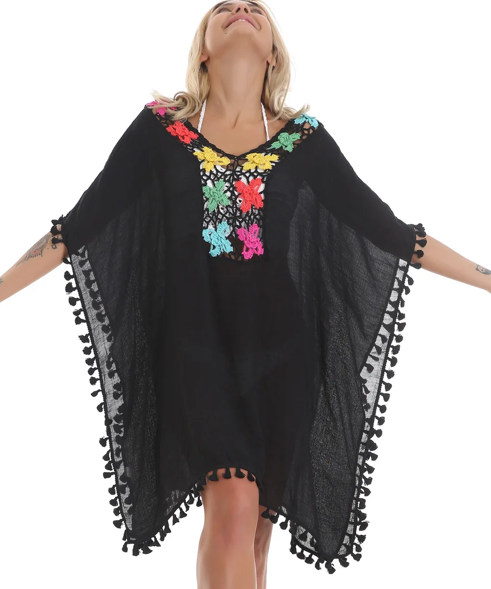 

2019 New Sexy Colorful Loose Beach Dress Large Size Irregular Tassel Boho Dress Crocheting Cotton Big Dress Chic Holiday Robes