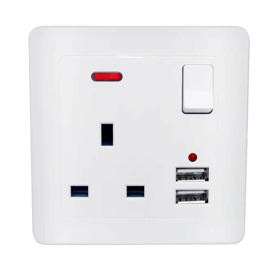 

UK 86 Wall Socket AC Electrical Power Plug Outlet With Switch Built-in 2 USB Charger 2100mA 13A 250V LED Indicator