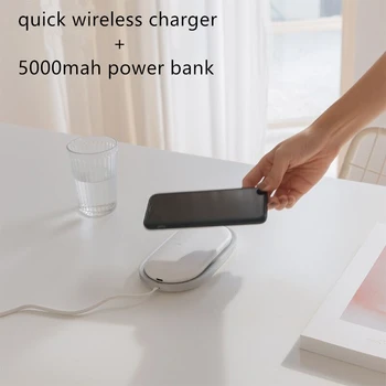 

original design smart QI wireless quick charger 5V 3A Type-C port+5000mah li-polymer power bank for iphone,samsung,huawei
