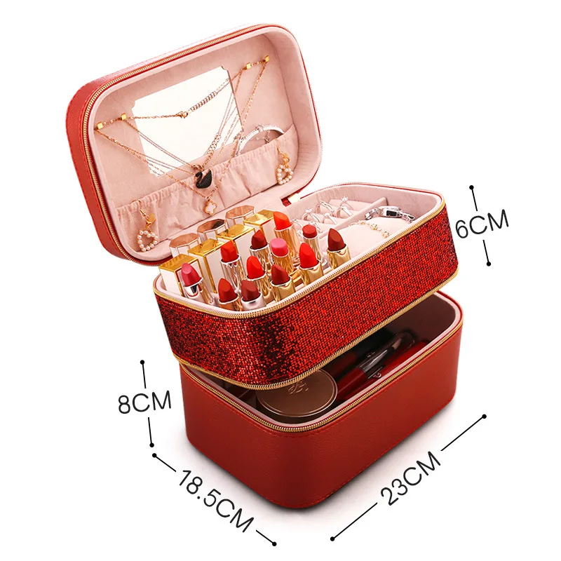 

Portable Vertical Cosmetic Storage Box Jewelry with Mirror Suitcase Net Red Lipstick Storage Box Small Makeup Bag
