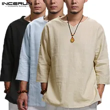 INCERUN estilo chino para hombres Camisas de manga larga plegada cuello pico camiseta sencilla suelta Fit algodón Tops Hombre Camisas Masculina ropa