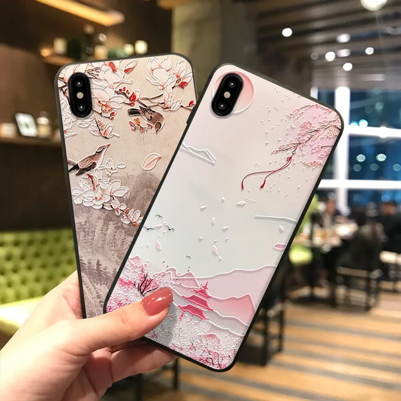 

3D Emboss Case For iPhone XR XS Max X 6 6S 7 8 Plus Phone Ancient east Japanese style Sunset Flying bird Back Cover shell
