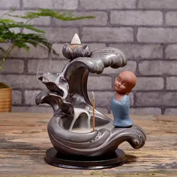 

The Little Monk Ceramic Backflow Incense Burner Lotus Flower Smoke Waterfall Stick Incense Holder Chinese Bouddha Decoration