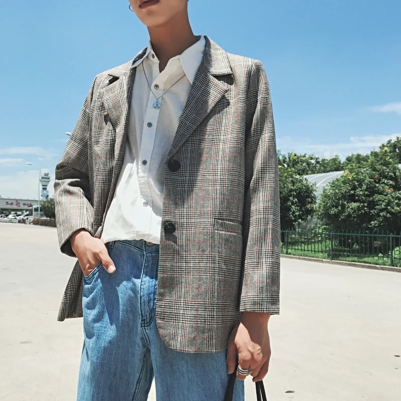 2019 Spring And Summer New Chinese Style Quality Comfortable Cotton Tide Male Harajuku Work Lattice Loose Leisure Blazer | Мужская