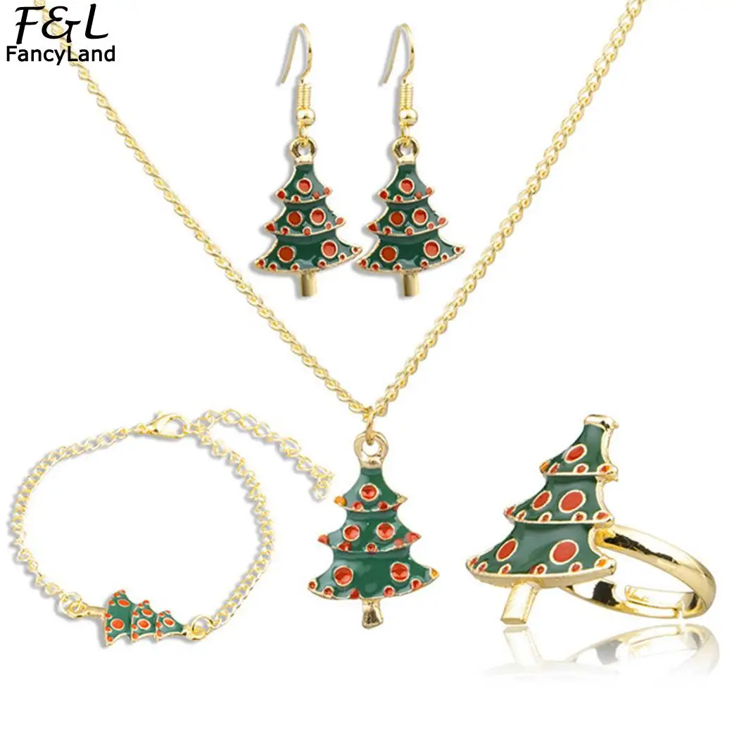 

Christmas Ornaments Trendy Necklace Earrings Jewelry Set for Women Girl Gift Charm Bracelet Earrings Christmas Tree Jewelry Sets
