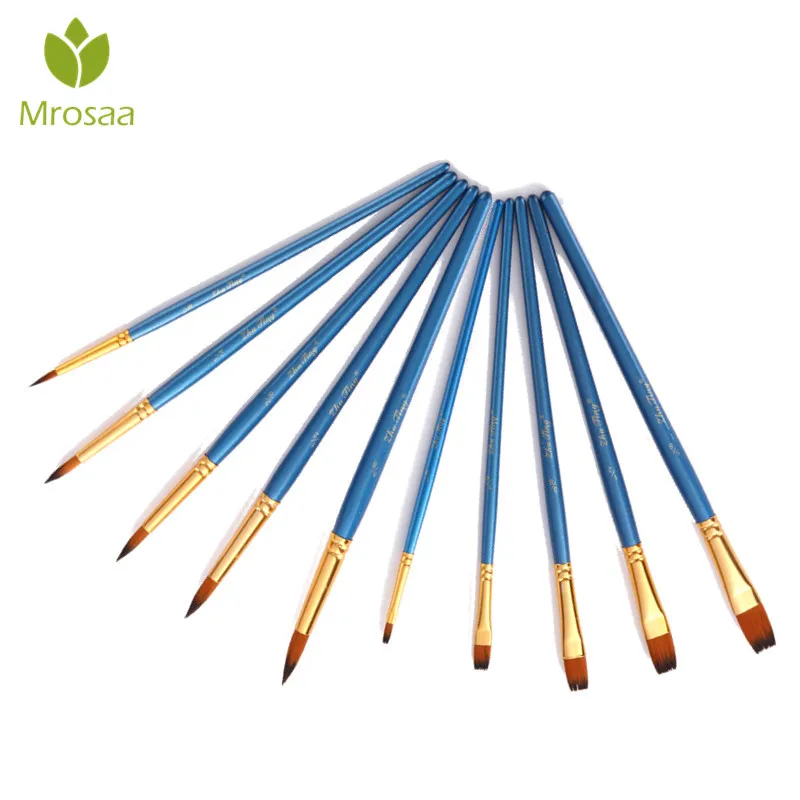 Koop Mrosaa 5 10 stks set Aquarel Gouache Penselen Wees Tip Platte Nylon Haar Schilderij Borstel Pen Tekening Art levert Blauw