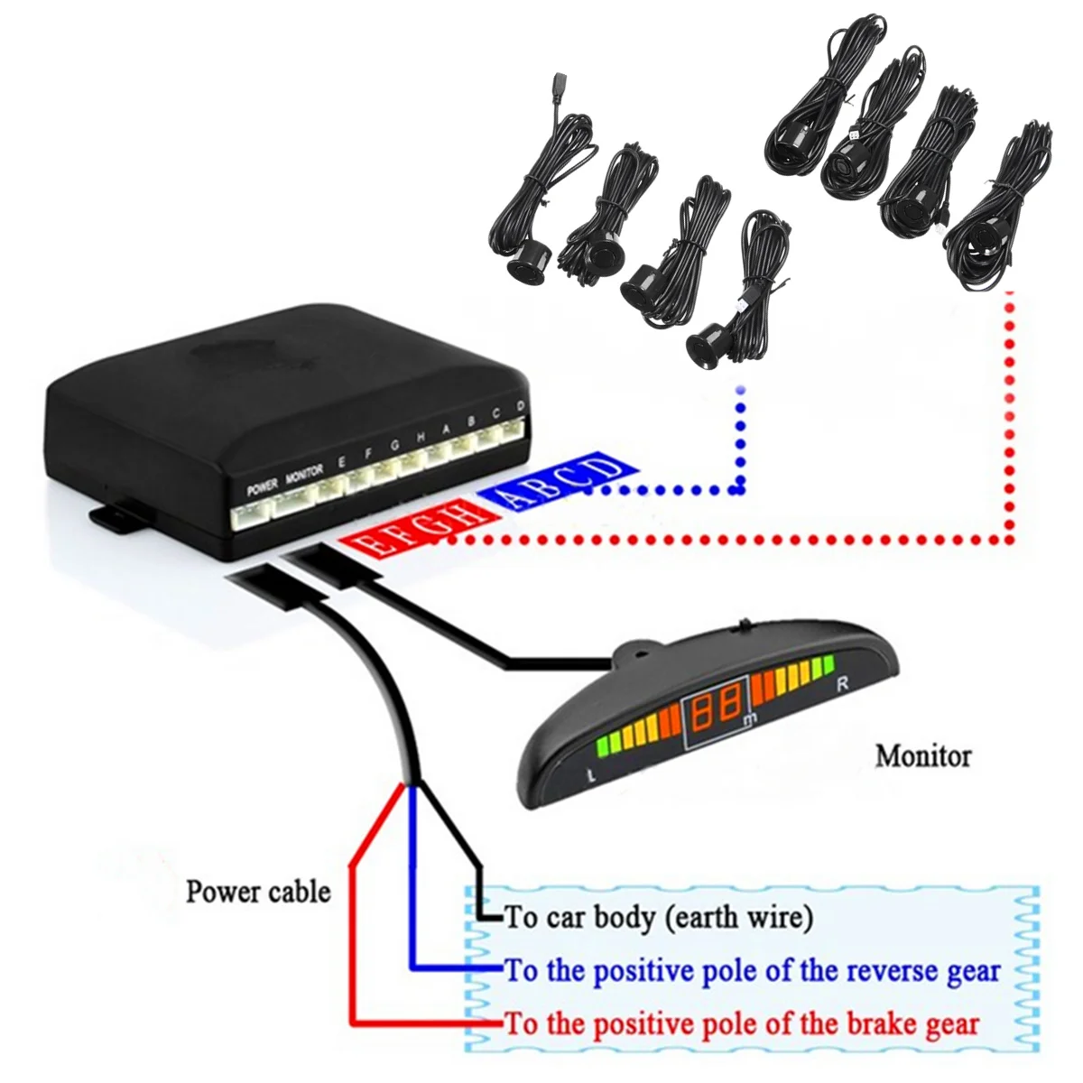 Sensor de visión frontal trasera a prueba de intemperie 8 sensor LED sistema de aparcamiento de coche reverso radares Monitor Detector Kit