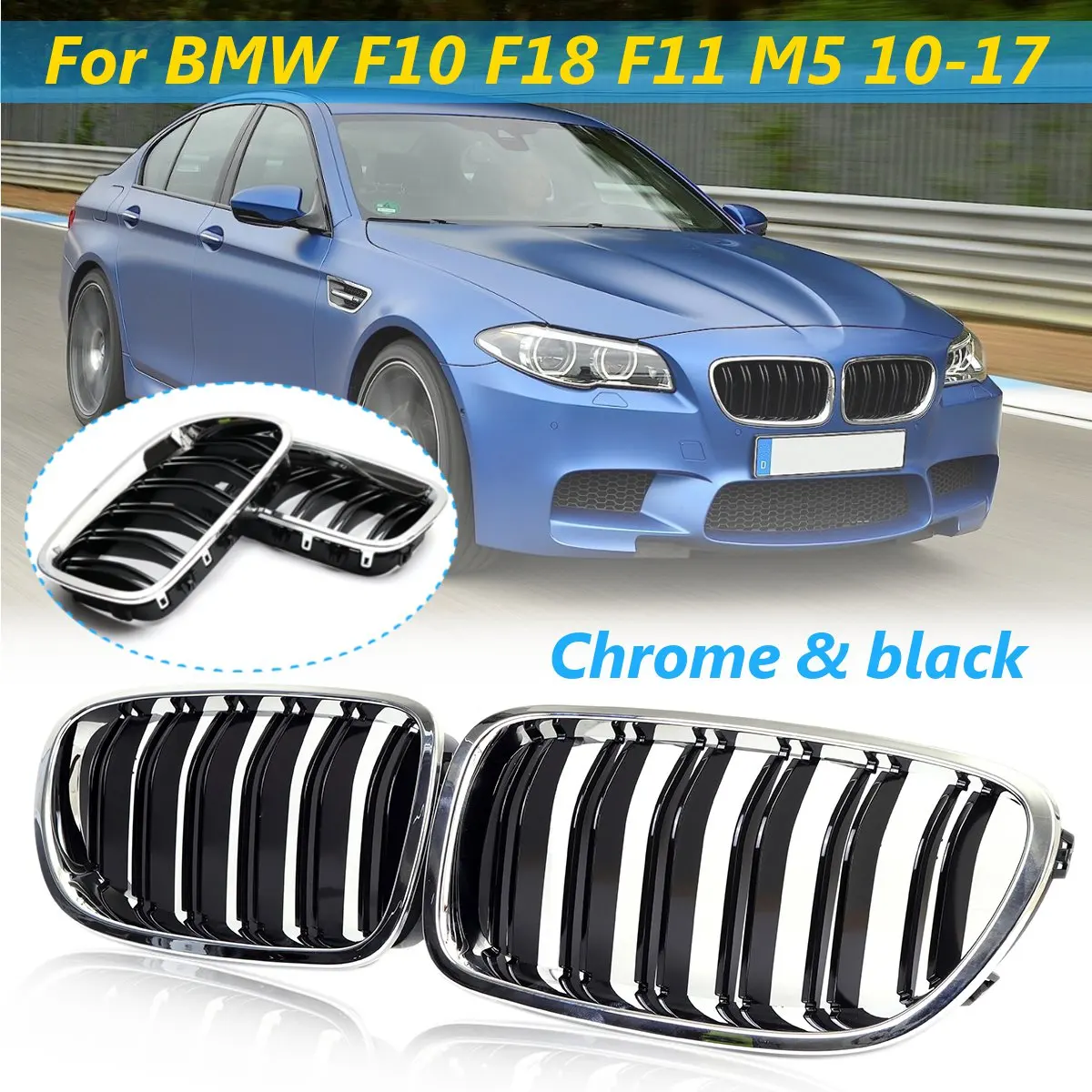 Best Pair Chrome Black Front Kidney Grilles For BMW F10 F18 F11 M5 2010 2011 2012 2013 2014 2015 2016 2017 Car Racing Grills