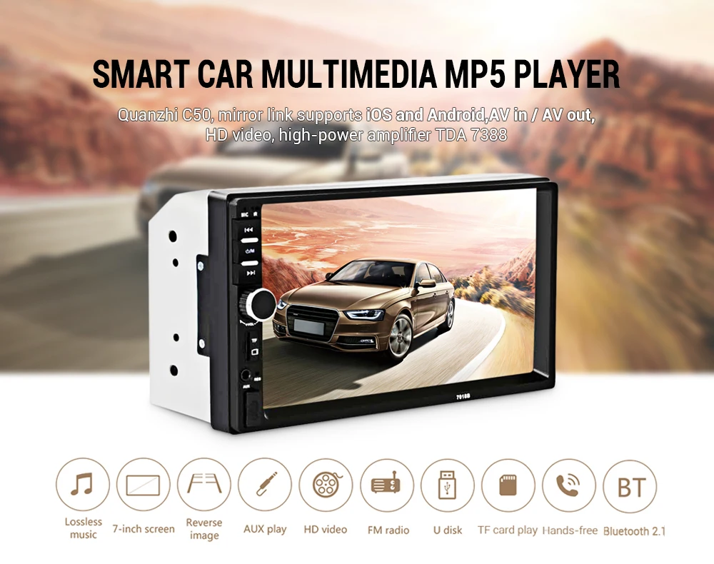 

7'' Car Multimedia Player with Camera Auto MP5 Player Bluetooth FM Stereo Audio Radio Tuner AUX in/out USB TF Music MP3 Playing