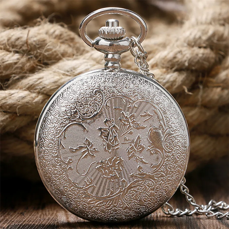 Exquisite Running Golden Horse Quartz Pocket Watch Silver Necklace Chain Hollow Half Hunter Pendant Necklace Clock Men Women