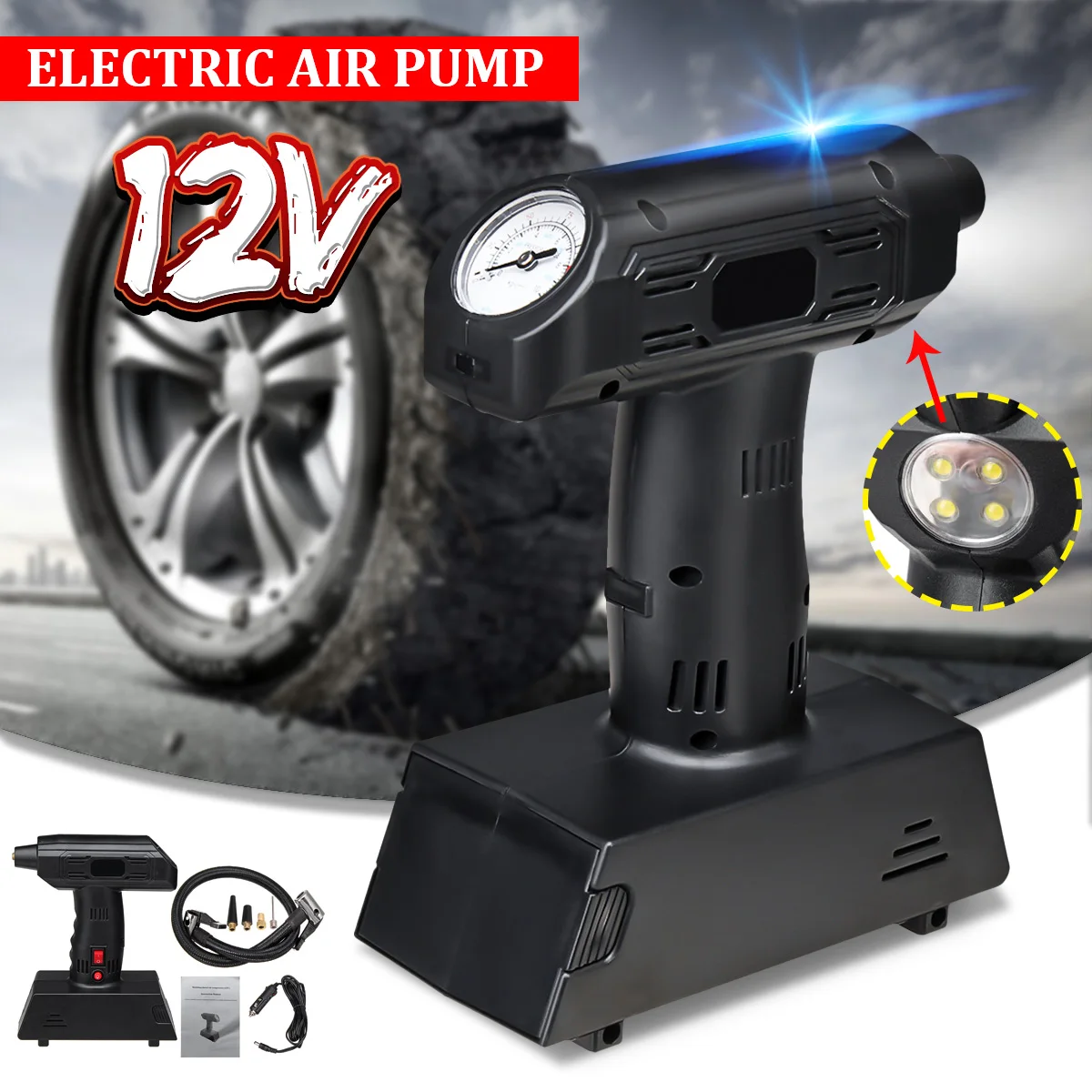 

Car Air Compressor 12V Auto Tyre Inflator Pump LED Lighting Portable Eletric Inflatable Pump with Cigarette Lighter
