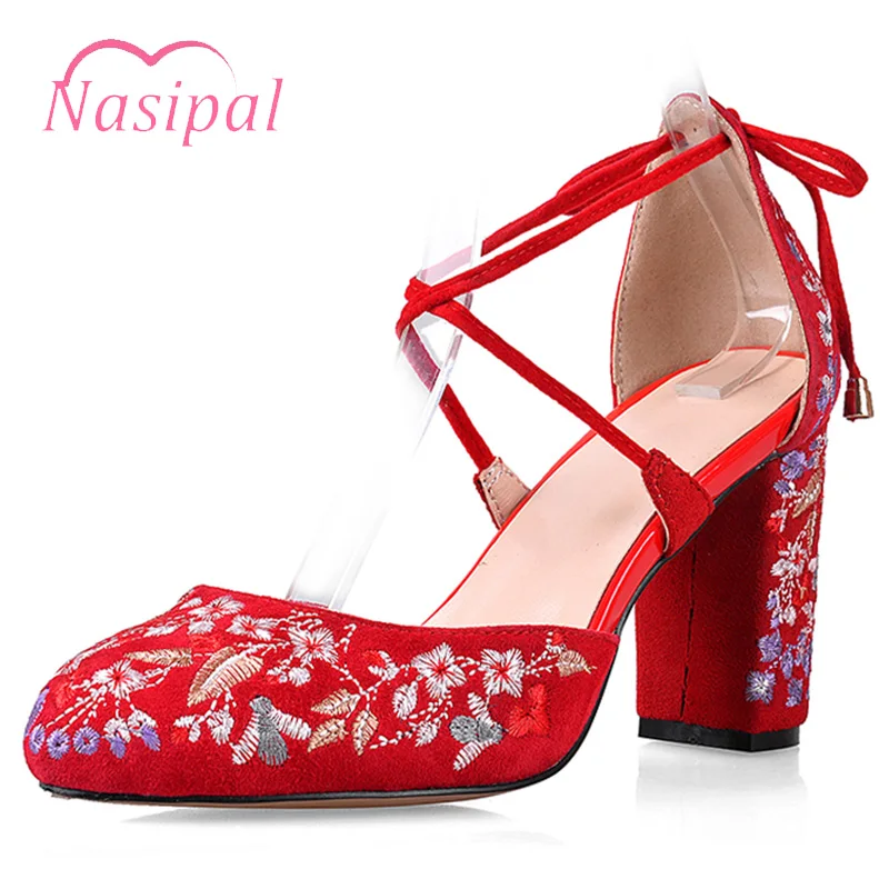 

Nasipal Summer Embroidered Women Sandals Round Toe Women Ankle Strap Thick Heel Ethnic Bohemia Ladies Comfortable Shoes Pumps