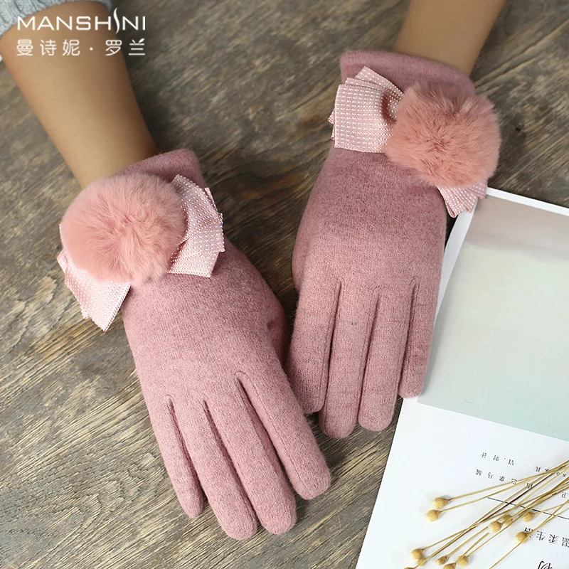 Wool gloves winter rabbit hair ball plus velvet warm driving telefingers gloves woman solid touch screen gloves winter 0817