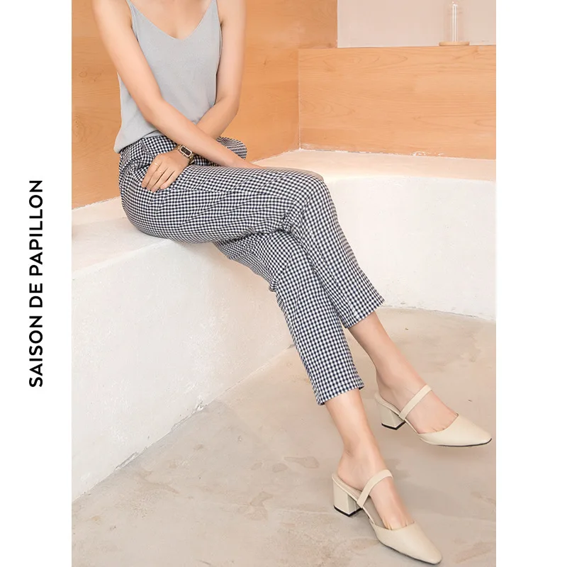 

Black and white plaid color matching slimming wild high waist casual pants straight ankle-length pants women G1913