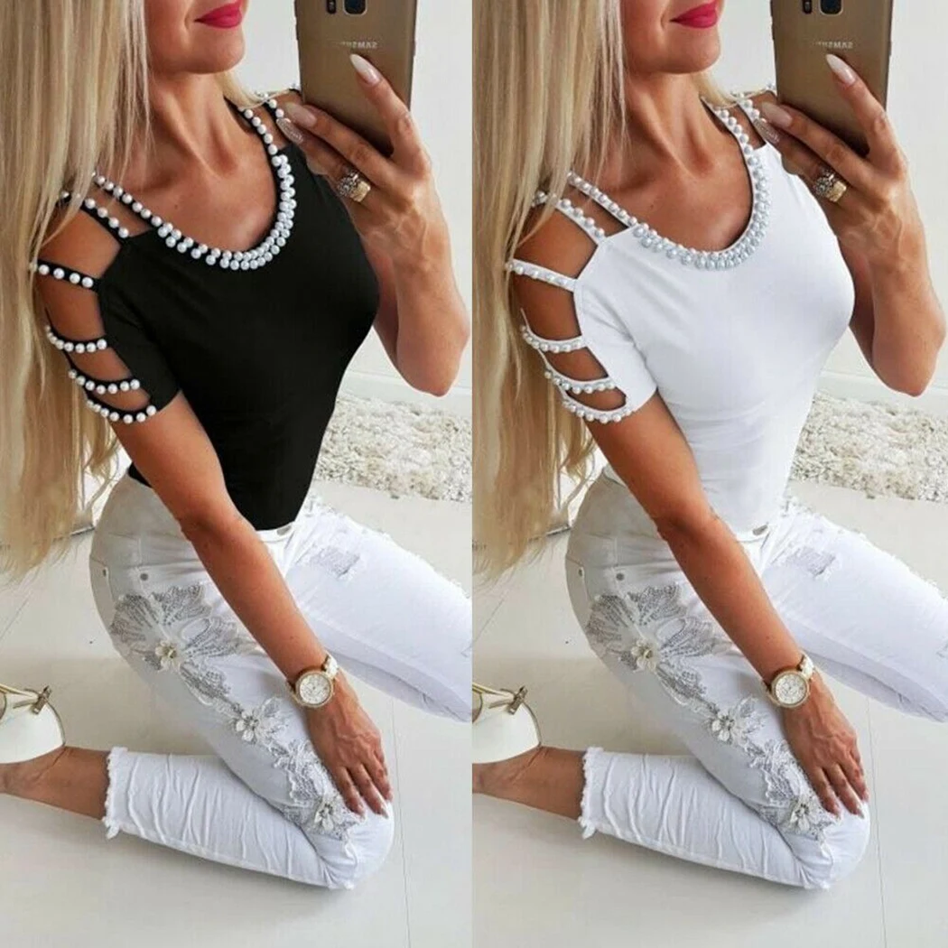 

Sexy Cold Shoulder Pearl Blouse Women Summer Tops Fashion O-Neck Slim Fit Ladies Tee Shirt Casual Black White Blouses Plus Size