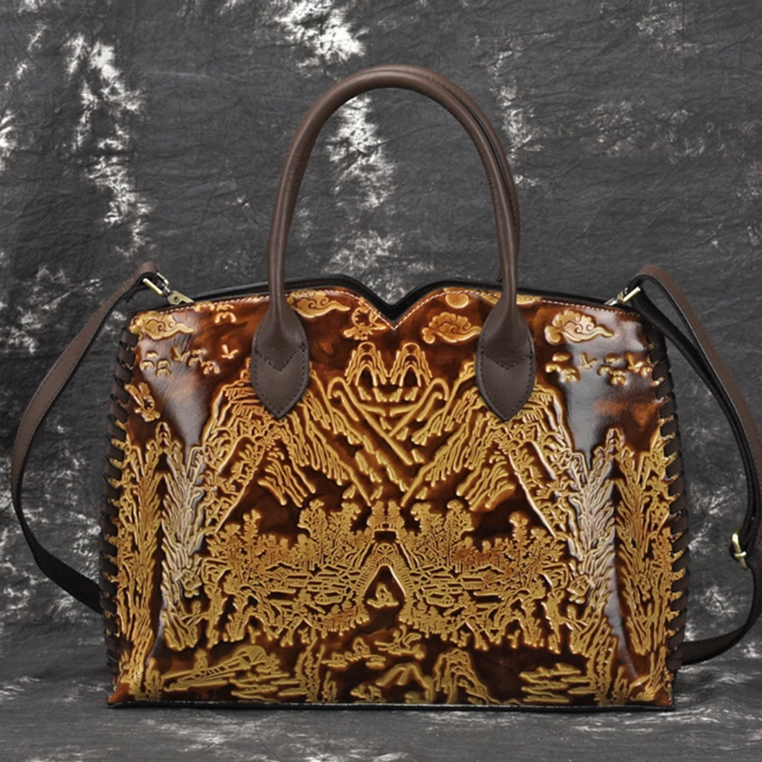 

Women Genuine Leather Top Handle Bag Brush Color Vintage Cross Body Handbag Natural Skin Embossed Messenger Shoulder Bags New