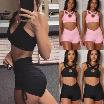 

Newly 2Pcs Women Tank Tops High Waist Shorts Suit Strap Top Stretch Shorts Casual Ladies Fitness Solid Color