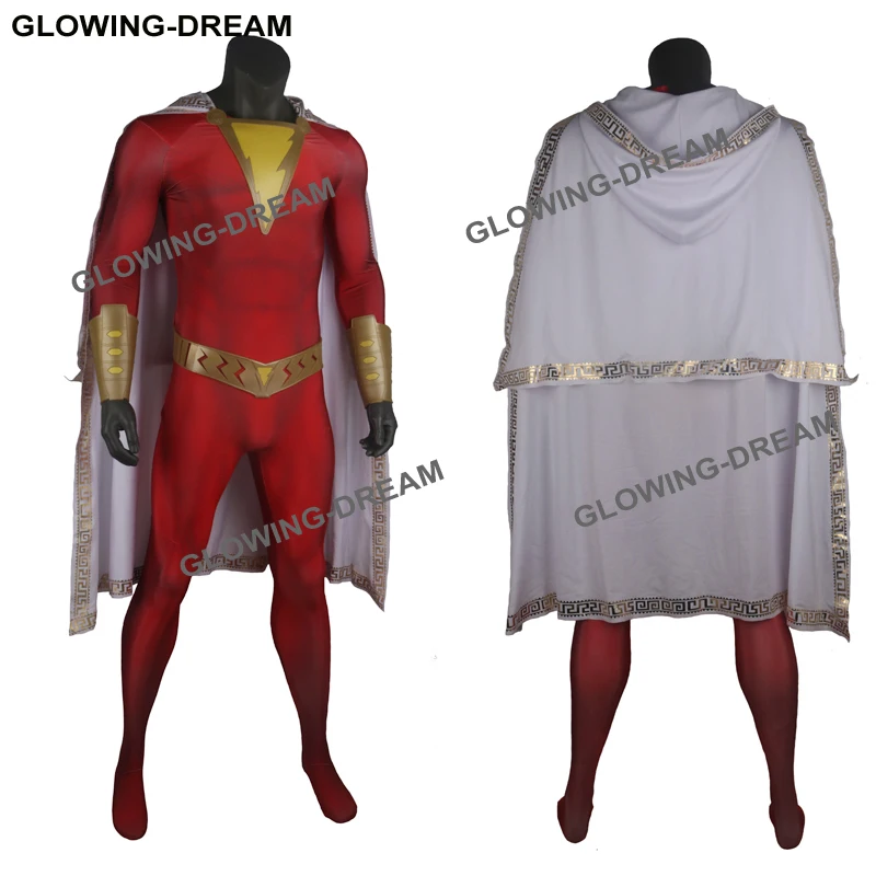 Мужской маскарадный костюм Shazam с плащом мышечный оттенок резиновый аксессуар