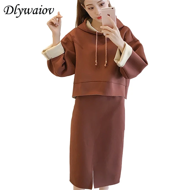 Special Offers Chic Hooded Sweatshirt And Elastic Waist Skirt Female Two-piece suit 2018 Autumn Winter Korean Loose Casual Female Women's Suit