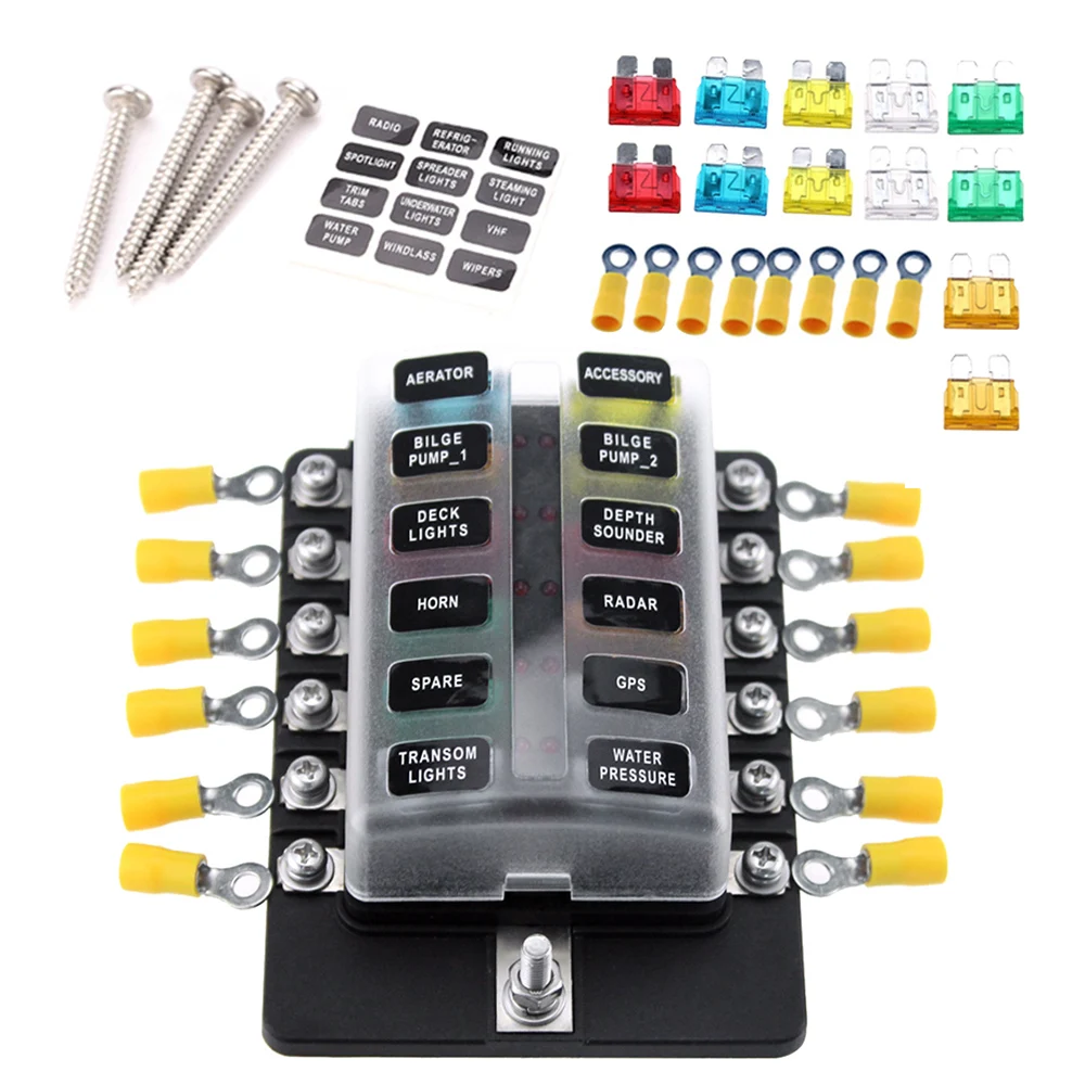 

12 Way Blade Fuse Box Holder Fuse Blocks with Red LED Indicator 10Pcs Fuses Terminals for Car Boat Marine Caravan Truck 12V 24V