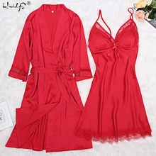 Шелковая ночная рубашка, женская сексуальная ночная рубашка, кружевное женское белье, новинка, женское платье для сна с халатиком, ночная рубашка на свадьбу