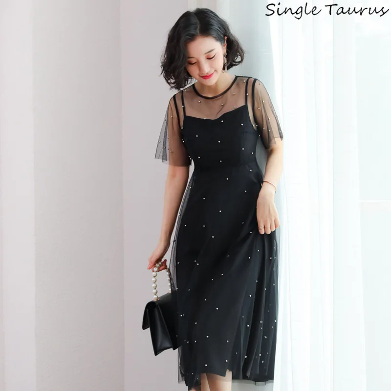 

Embroidered Flares Mesh Dress Women Velvet Black Niche Dress Short Sleeve Princess Vestidos De Fiesta Dresses Woman Party Night