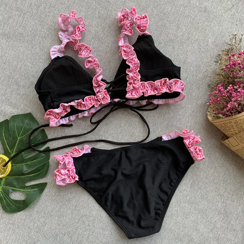

2019 Swimwear Cute Girl Biquinis Feminino Push Up Brazilian BikiniPink Flower Swimsuit Lace Swimsuit Ruffle Bikini Set bk1914