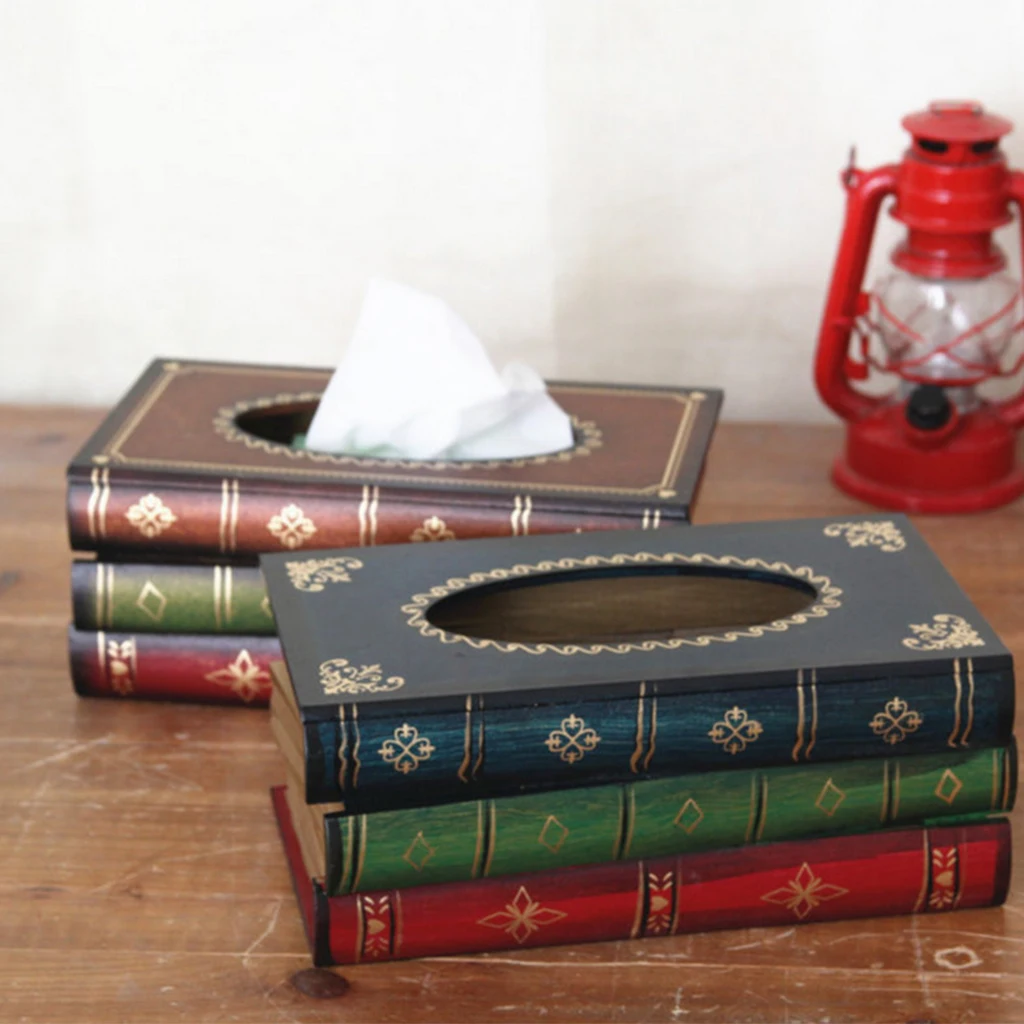 

200Pcs Napkins Tissue Box Holder Toilet Paper Cover Container Cover Wooden Made Book Designed Antique Style Home Bedroom Decor
