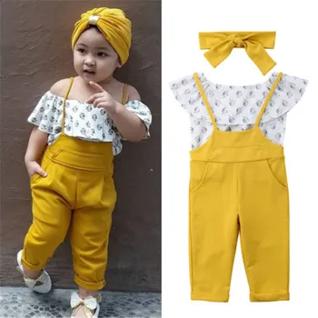 

Toddler Baby Girls Kids Clothes Off Shoulder Floral print sleeveless Ruffle pullover Tops strap solid Trousers 3pc cotton outfit