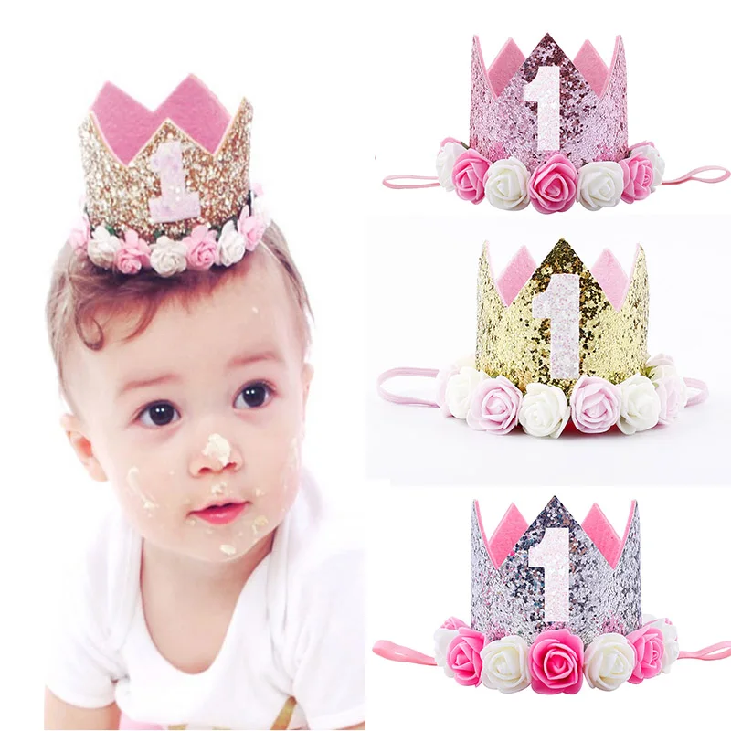 

Baby First Birthday Hat Birthday Crown Glitter Birthday Party Supplies Headband Rose Decor Darling Show Accessories 1 Year Old