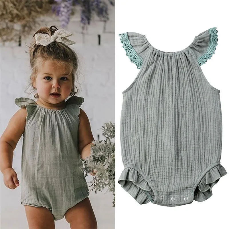 

2019 New Newborn Baby Boys Girls Casual Cotton and Linen Bodysuit Lace Ruffle Sleeve Jumpsuit Unisex Baby Solid Sunsuits 0-18M