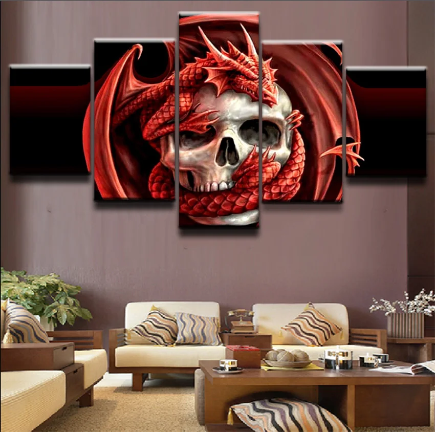 

Modern Canvas Art Painting Frame Bedroom HD Printed Wall Art Poster 5 Panels Fantasy Dragon Combines With The Skull Pictures