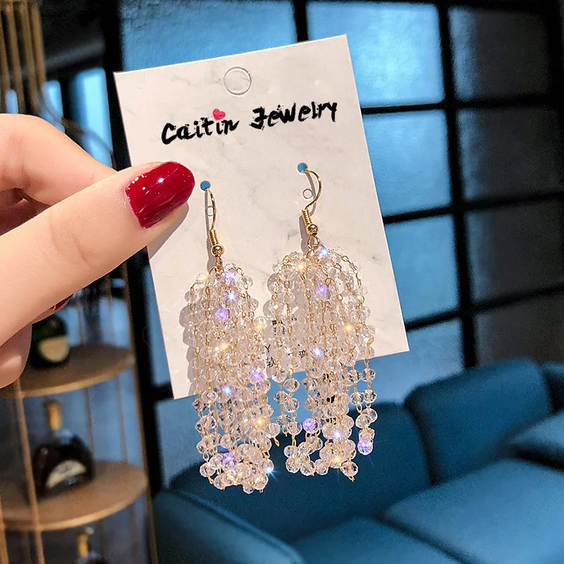 FYUAN длинные кисточки кристаллы Висячие серьги для женщин Bijoux изысканные стразы