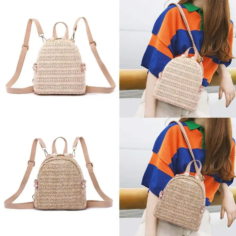 

Fashion New Women Backpack Straw Bag Pearl Backpack Women Girls Travel Casual Shoulder Schoolbags Cute Girl School Bag