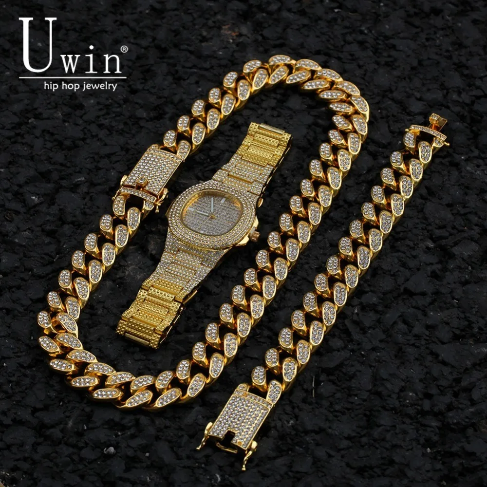 

UWIN Iced Out Cuban Chain&Watch 2cm Miami Necklace And Bracelet Set Crystal Rhinestone Gold Silver Hip Hop Jewelry For Gift