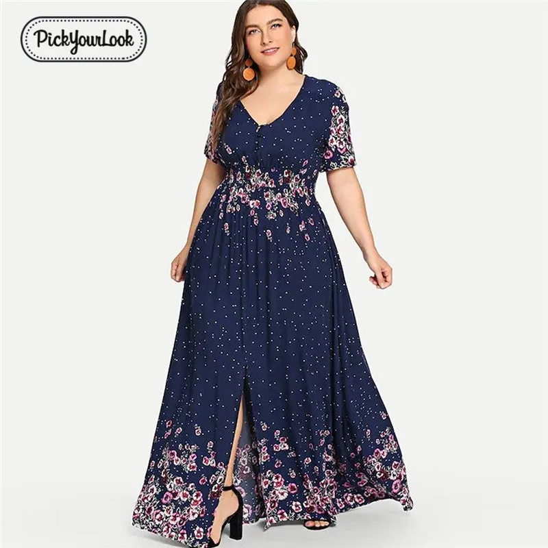 PickyourLook Evening Party Plus Size Dress For Women Summer Wedding Elegant Vintage Female Maxi Dress Short Sleeve Lady Vestidos