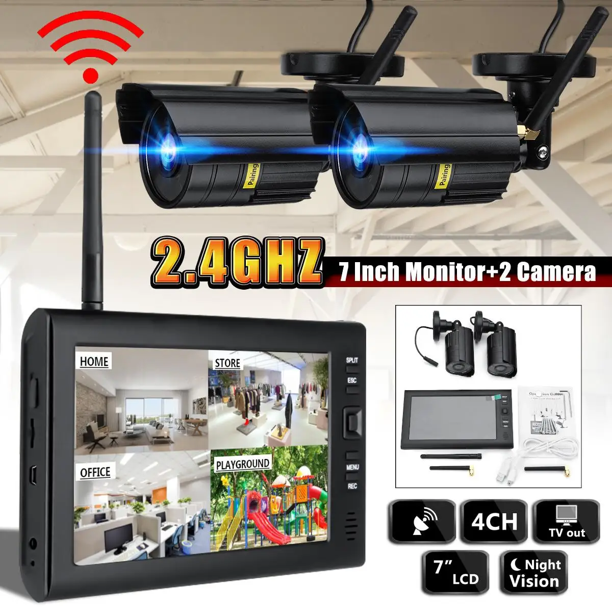 

7inch LDC Monitor DVR with 2 Wireless CCTV Camera Motion Detect Home Security System Kits UK Plug
