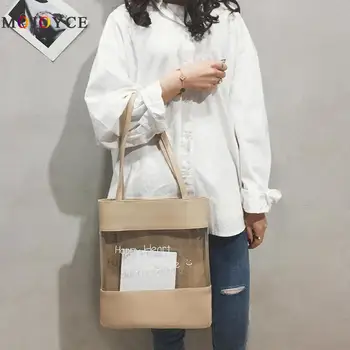 

Fashion Women Tote Bags Clear PVC Patchwork Letter Print Summer Shopping Travel Handbags Bolsa Feminina
