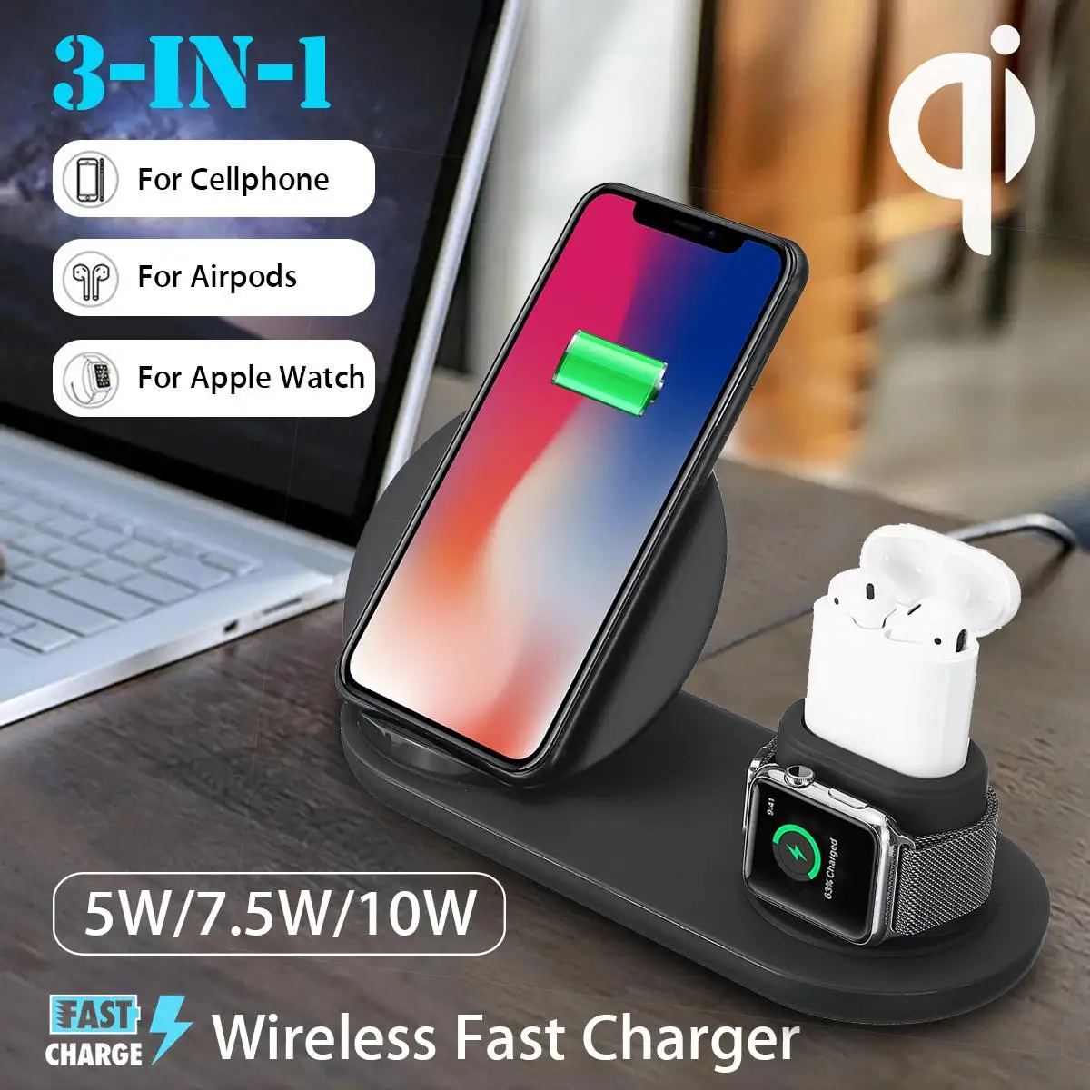 3 in1 10W Qi Wireless Charger Dock Station Fast Charging