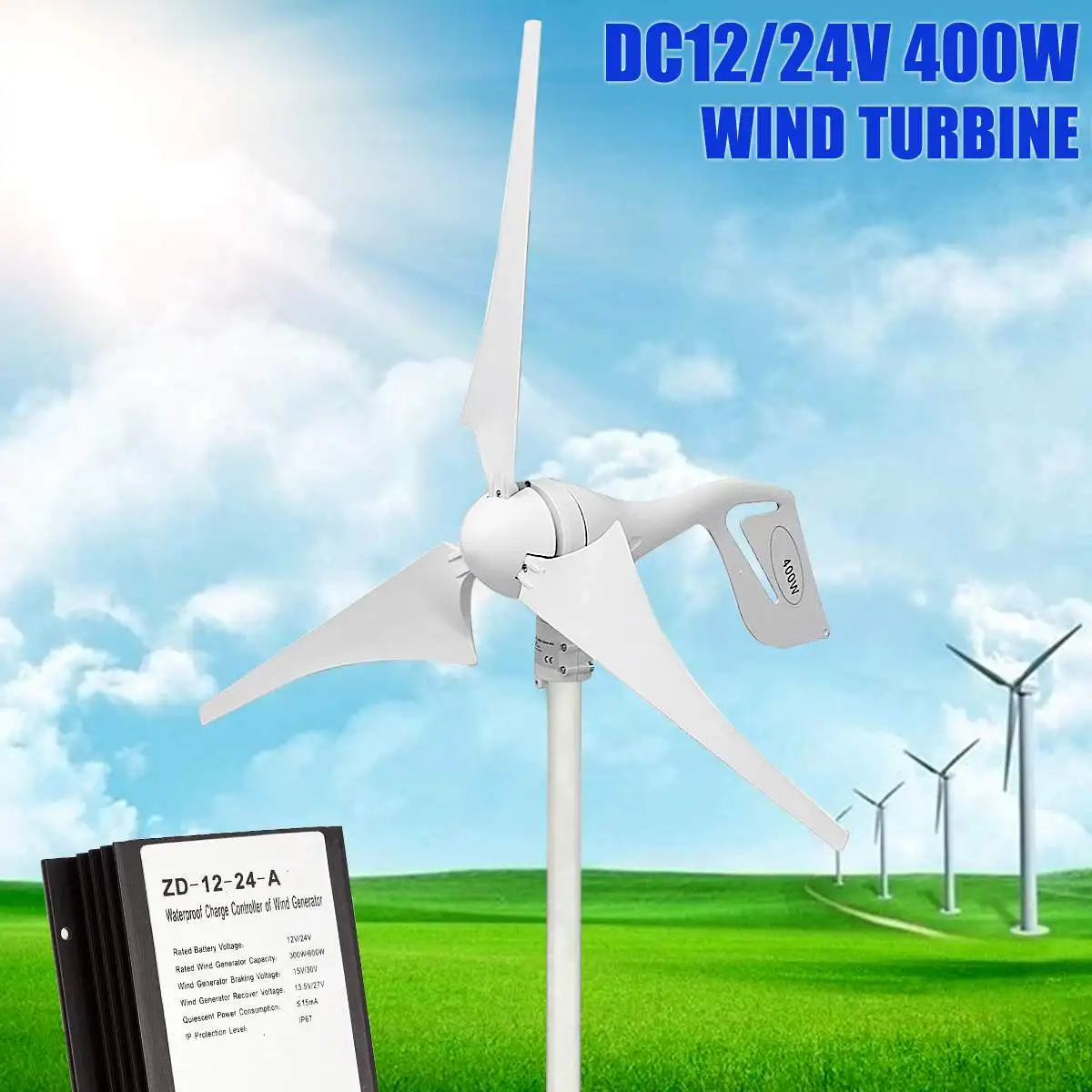 

800/MINRPM 400W Wind-Turbine Generator DC 12V/24V 3 Blade with Charge Controller Waterproof White