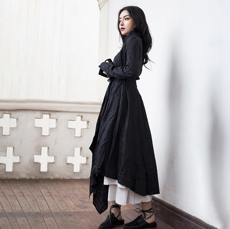 [EAM] Новинка, осенне-зимнее черное платье-рубашка с отворотом и длинным рукавом, с неровным подолом, женская мода, JR388