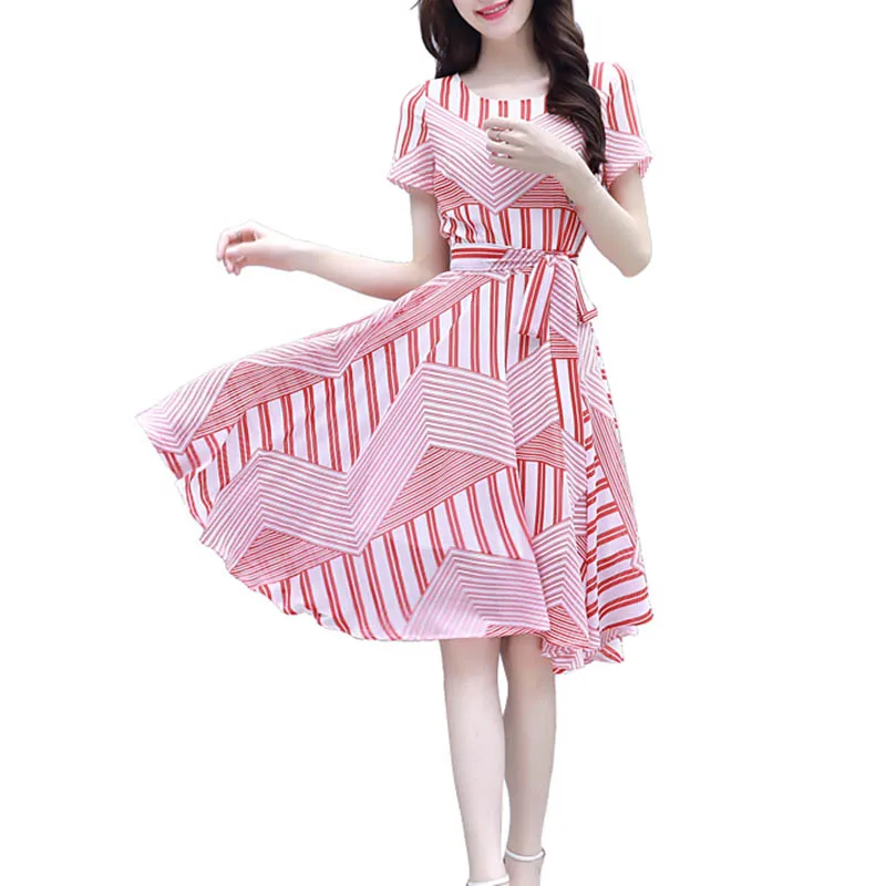 

Women Short Sleeve Dress O-neck Summer Striped Dress Casual Hoilday Sundress Hot
