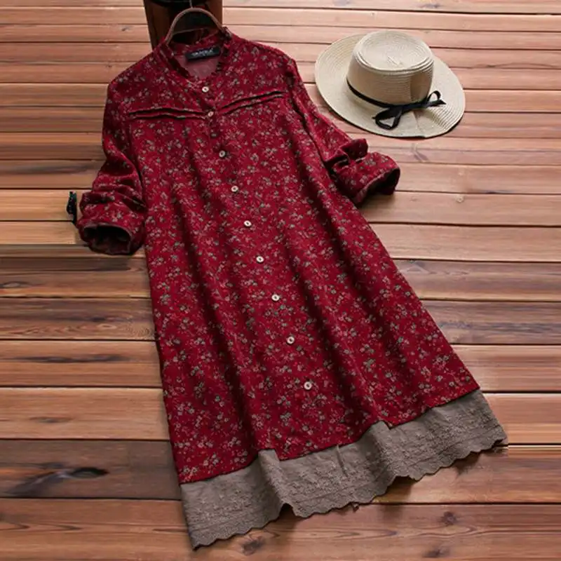 

2019 Women Casual Ruffles Neck Long Sleeve Dress Spring Vintage Embroidered Floral Printed Patchwork Robe Long Shirt Vestido