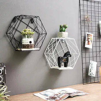 

Iron Decorative Shelves Hexagonal Grid Wall Shelf Combination Hanging Geometric Figure Home Decoration Accessories