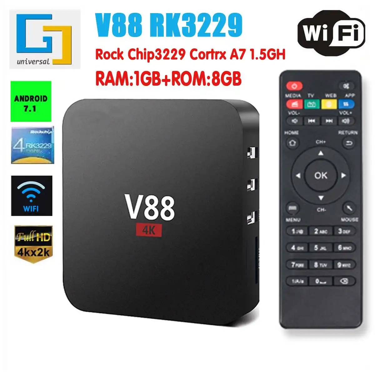 

V88 Plus RK3328 Quad Core Android 7.1 TV BOX 2G/16GB WiFi 4K H.265 Media Smart TV BOX support WIFI media box Set-Top Box
