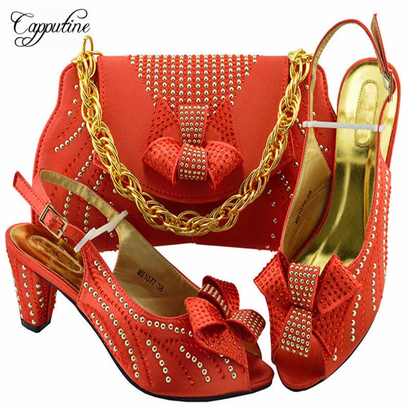 Newest Italian Rhinestone Woman Coral Color Shoes And Bags